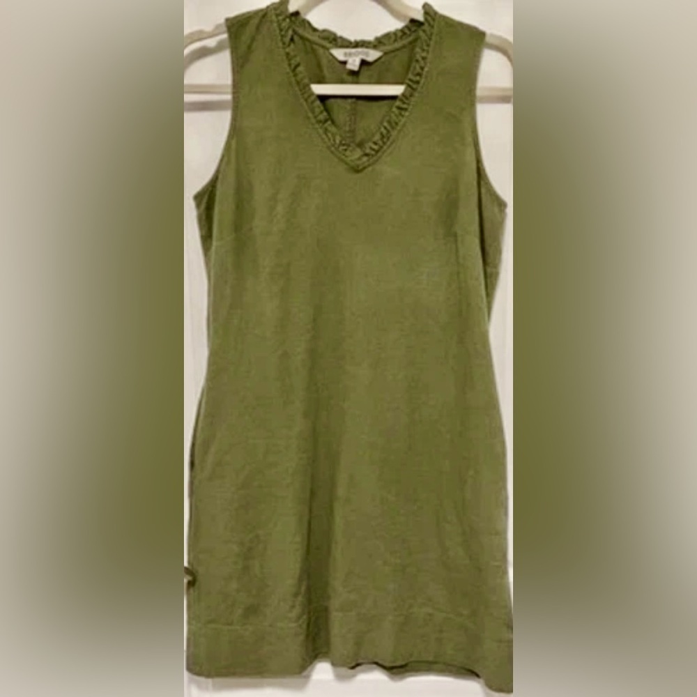 Briggs New York Linen Blend Sleeveless Shift Dress Green Ruffle Neck Size‎ Small - Picture 3 of 11